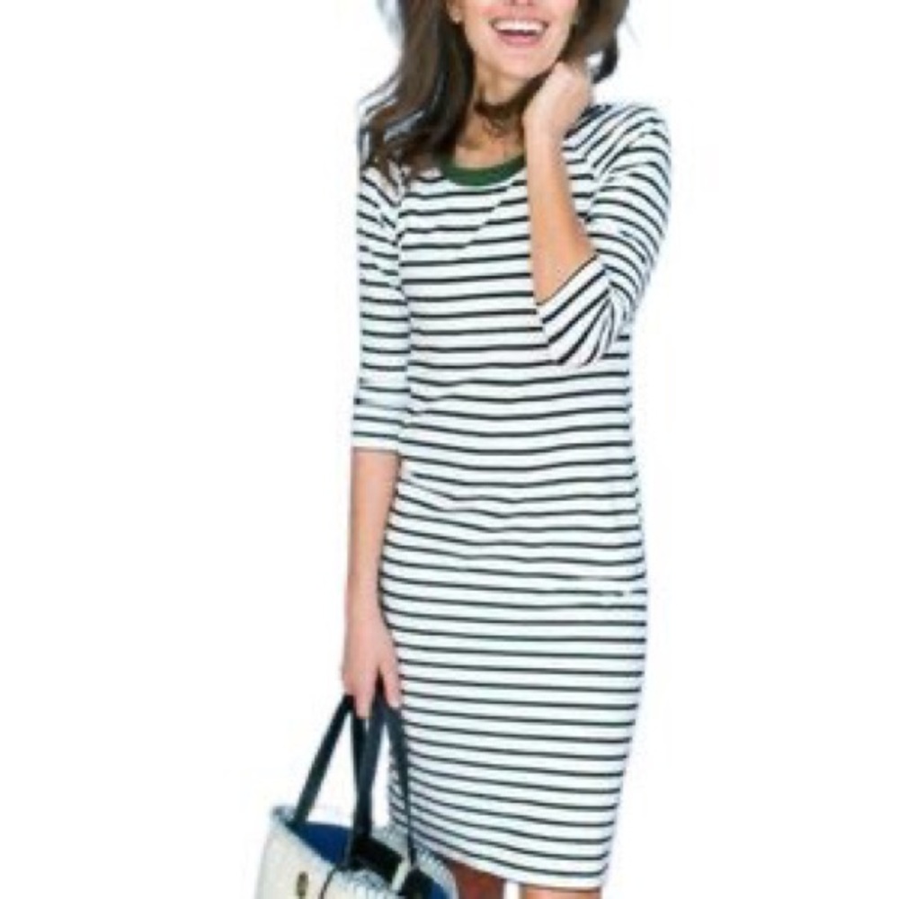 Sonnet James Charlie Play Dress cream with black stripes and green neck trim xs